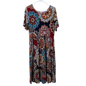 DB Moon Women Size Large Mandala Dress Short Sleeve Tiered Pleated Stretch City‎